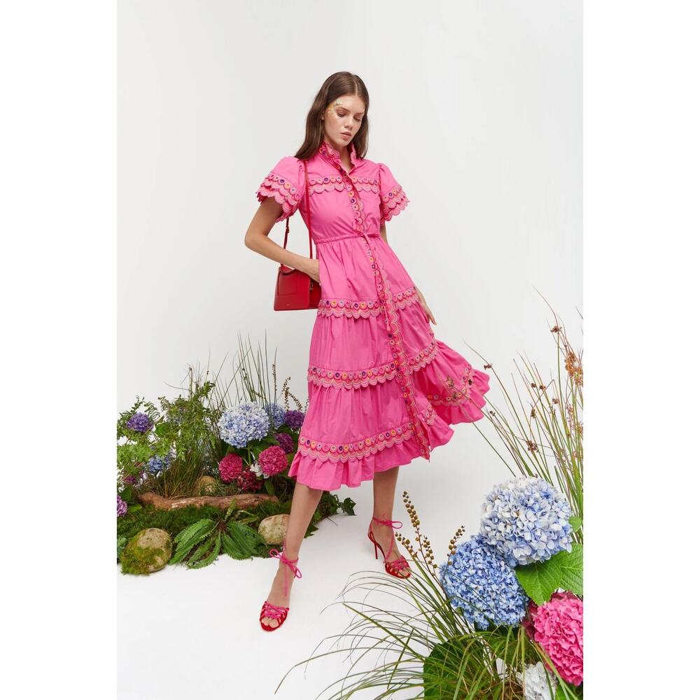 CeliaB Alvis Fuschia Pink Scalloped Edge Tiered Midi Shirt Dress XS $400